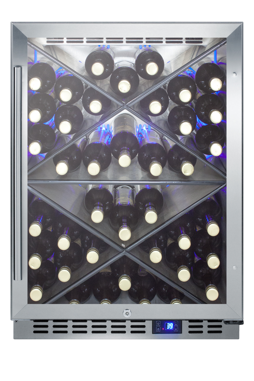 Built-in outdoor commercially listed wine cellar with stainless steel interior, diamond style shelving, digital controls, and stainless steel cabinet
